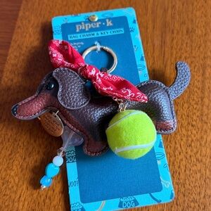 Piper K Brown Dachshund Keychain/Bag Charm with Tennis Ball-NWT